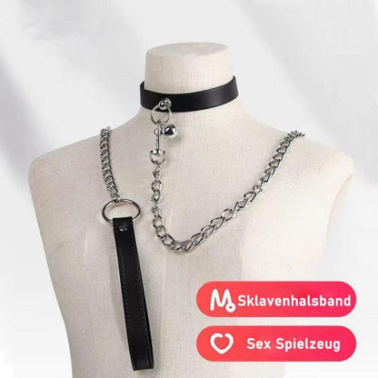 Lederhalsband Choker mit Glocke und Zugkette, Abnehmbar, Verstellbar, Schwarz