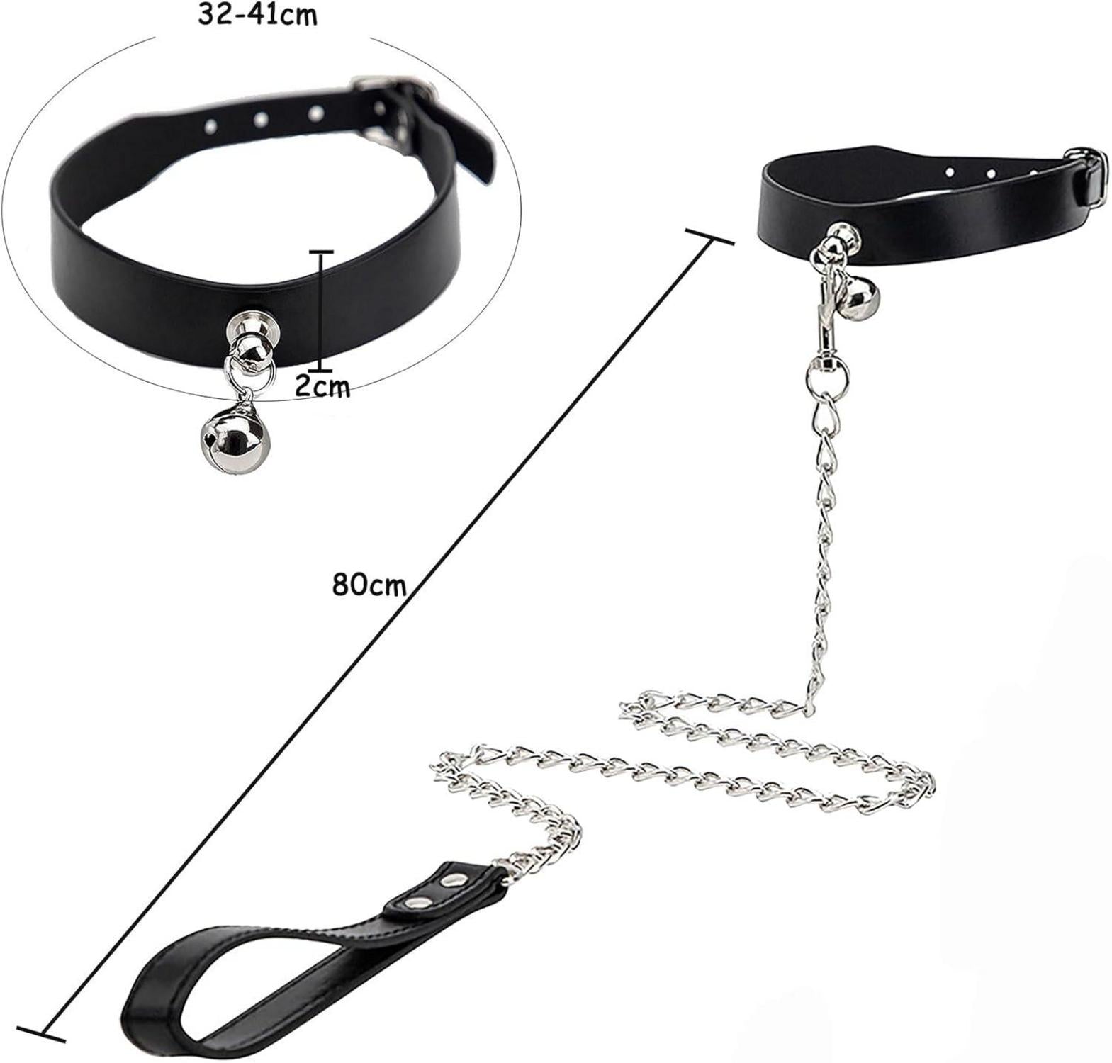 Leder Choker Halsband mit Glocke und Zugkette Schwarz