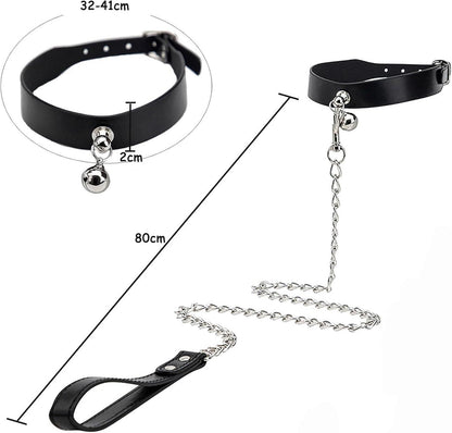 Leder Choker Halsband mit Glocke und Zugkette Schwarz