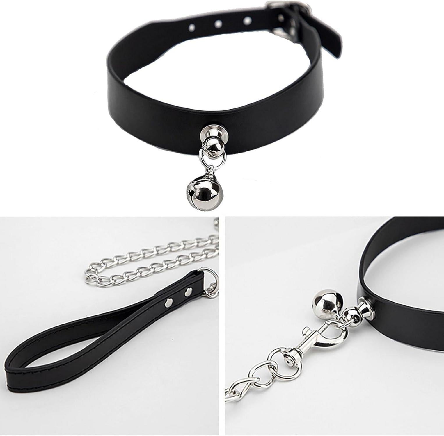 Lederhalsband Choker Glocke Zugkette Punk Schwarz