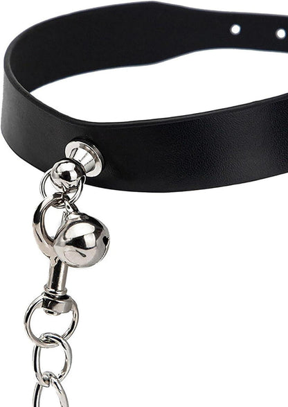 Leder Choker Halsband mit Glocke und Zugkette Schwarz