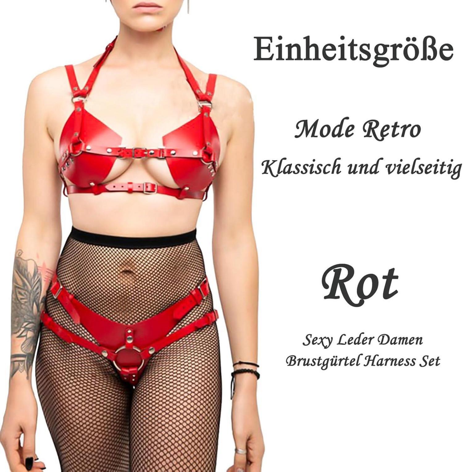 TUYMNI Damen Sexy Leder Dessous Set BDSM Gothic Party Cosplay Erotik Outfit Rot