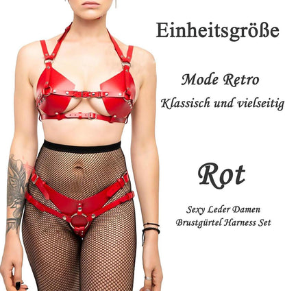 TUYMNI Damen Sexy Leder Dessous Set BDSM Gothic Party Cosplay Erotik Outfit Rot