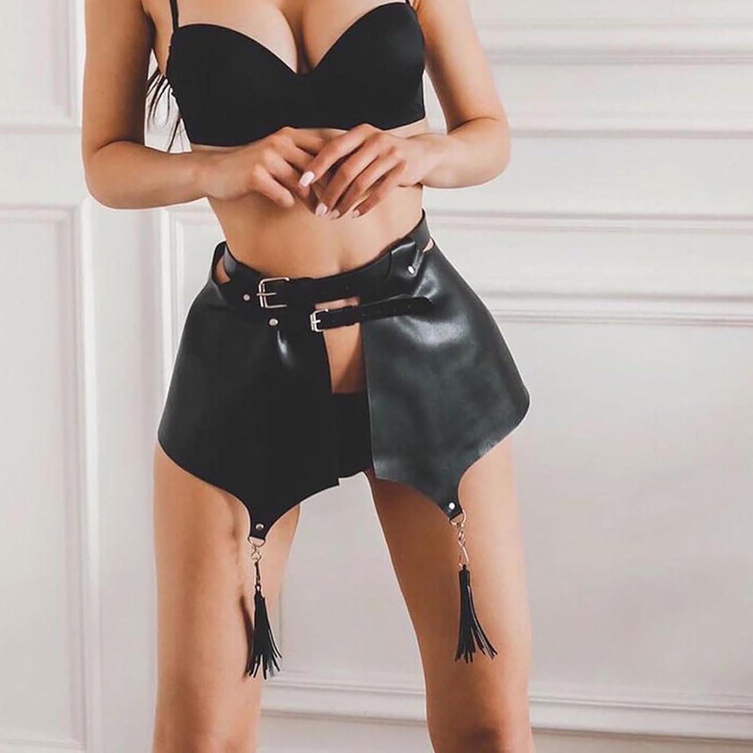 Damen Lederrock Punk Gothic A-Linie Taille Gürtel Quaste