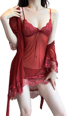 Sexy Spitzen Damen Dessous Set V-Ausschnitt Kimono Robe Erotikwäsche