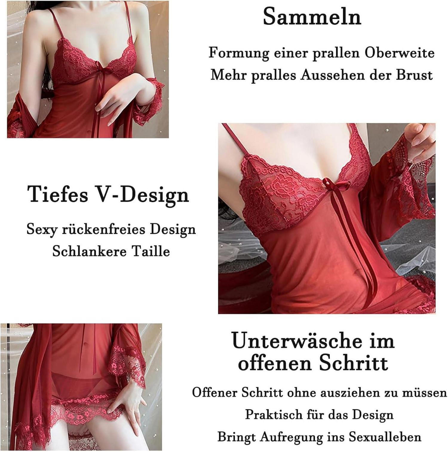 Damen Sexy Kimono Spitzen Robe Morgenmantel Set Rot