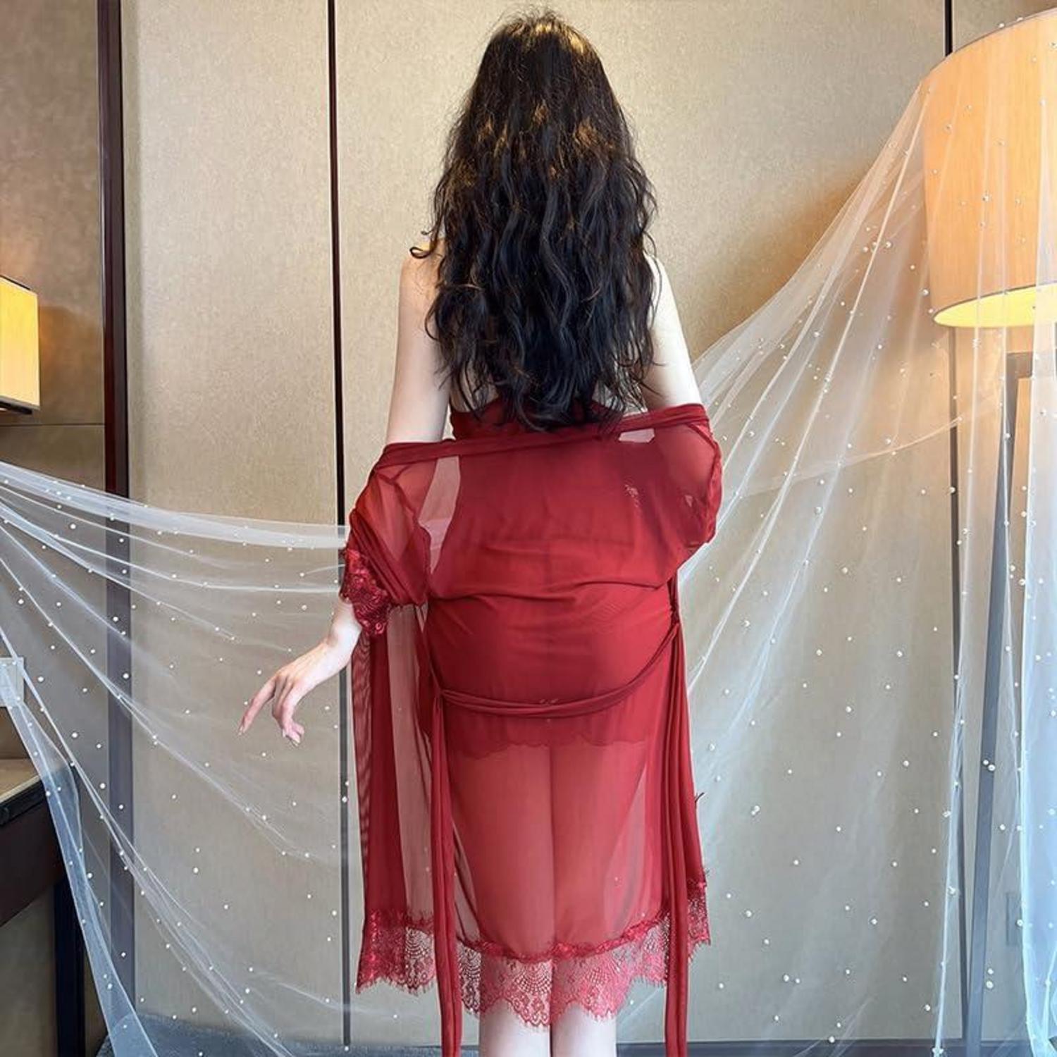 Dessous Damen Sexy Reizwäsche Spitzen Kimono Morgenmantel Nacht Set