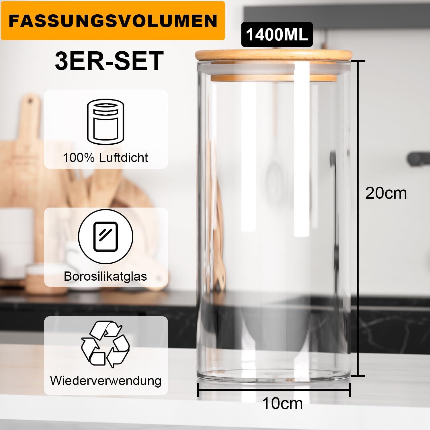 3er-Set Luftdichte Vorratsgläser mit Holzdeckel, 1400ml