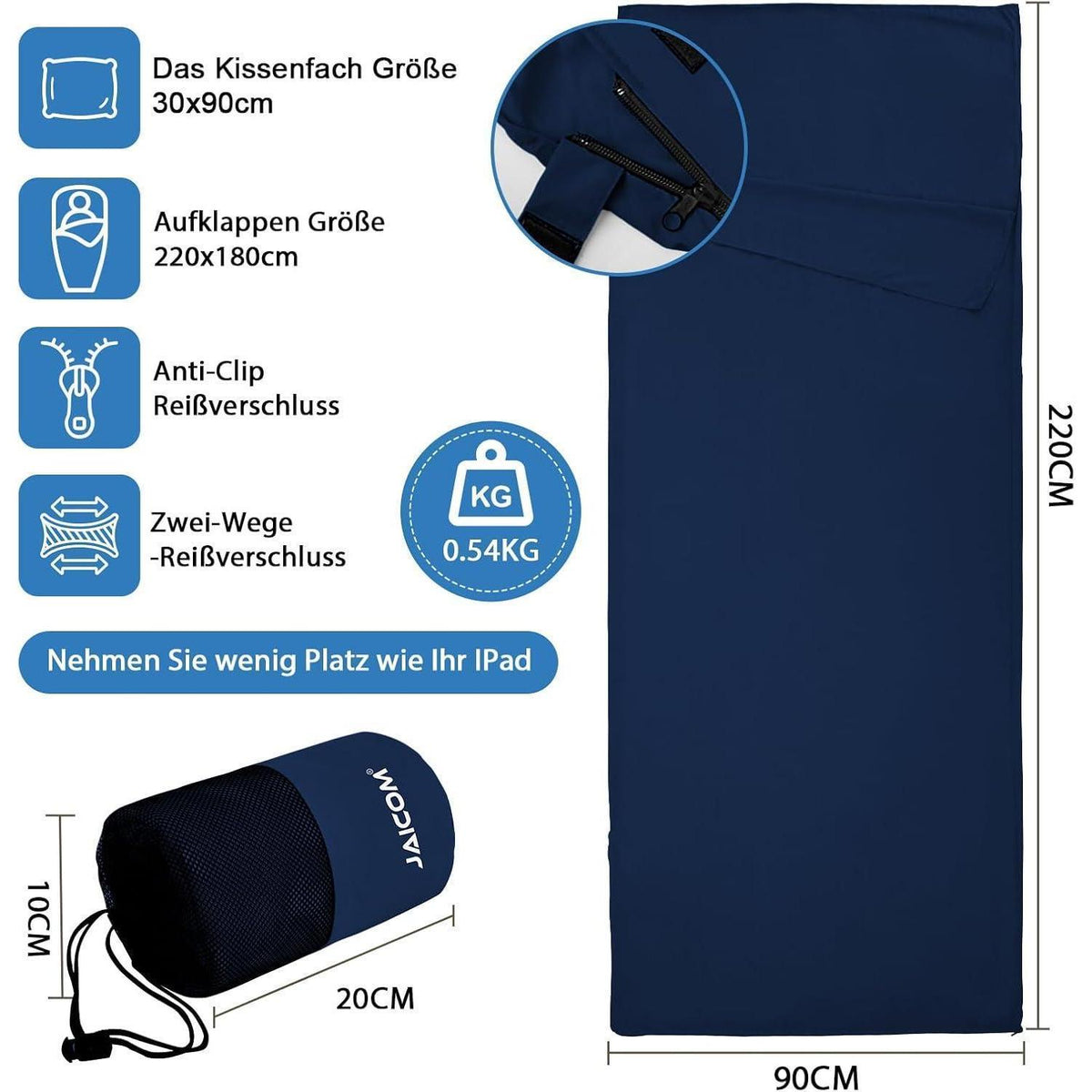 Ultraleichter Hüttenschlafsack Dunkelblau – 2in1 Reisebegleiter