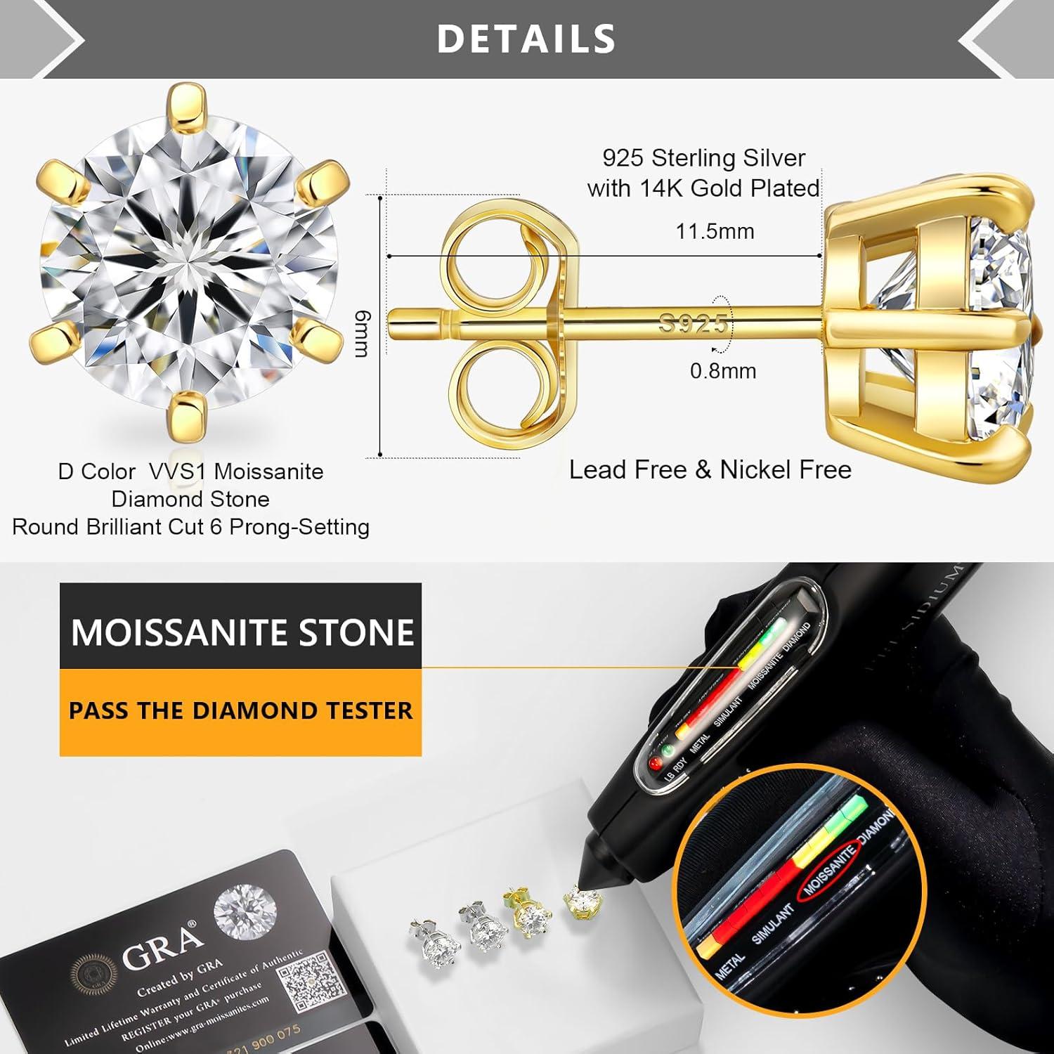 Moissanite Ohrringe Silber 925 7,5 mm Diamant VVS1 3,0 ct