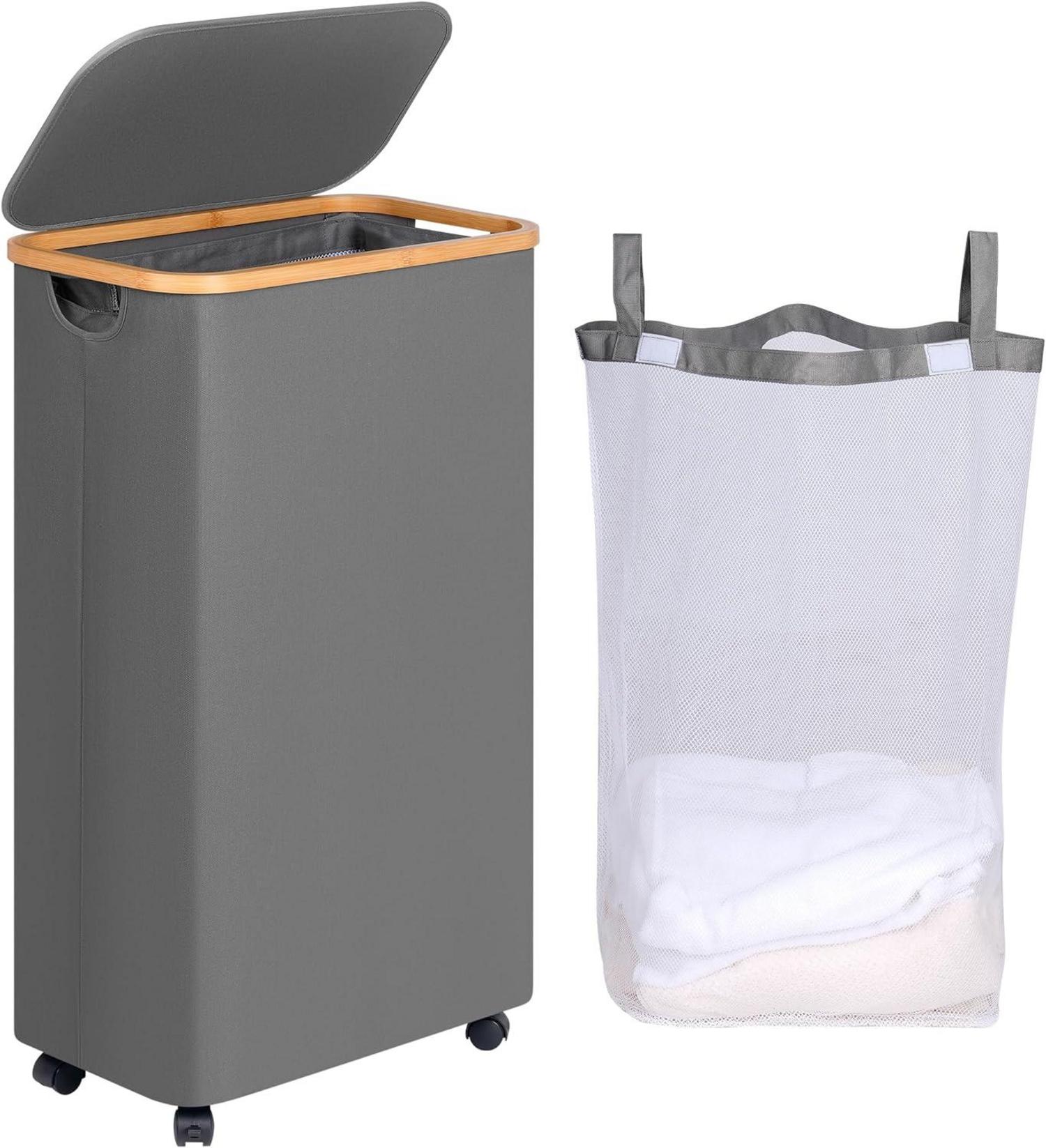 Wäschekorb mit Rollen und Deckel, 75L Grau