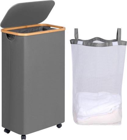 Wäschekorb mit Rollen und Deckel, 75L Grau