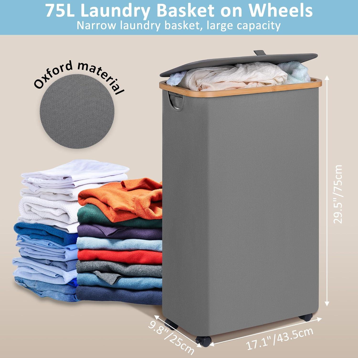 Wäschekorb mit Rollen und Deckel, 75L Grau