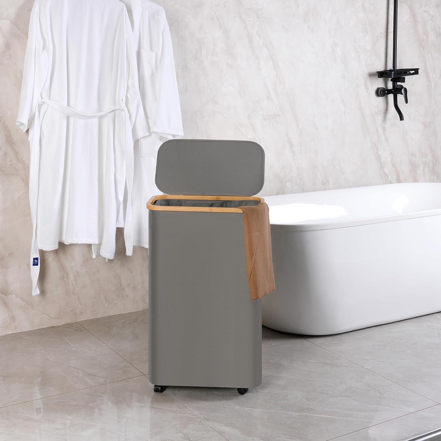 75L Wäschekorb mit Rollen und Deckel Grau Bambusgriff Faltbar