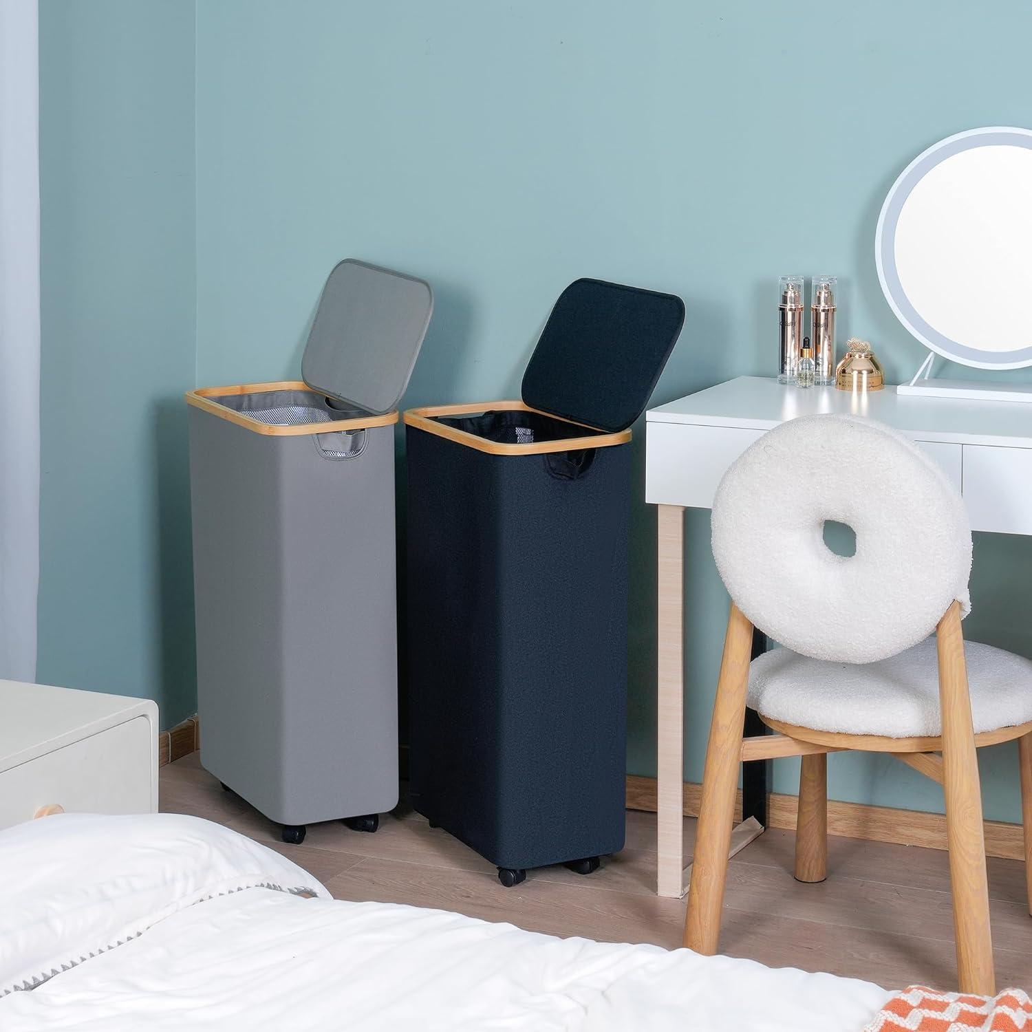 Moderne efluky 75L Wäschekorb mit Rollen und Deckel, Grau