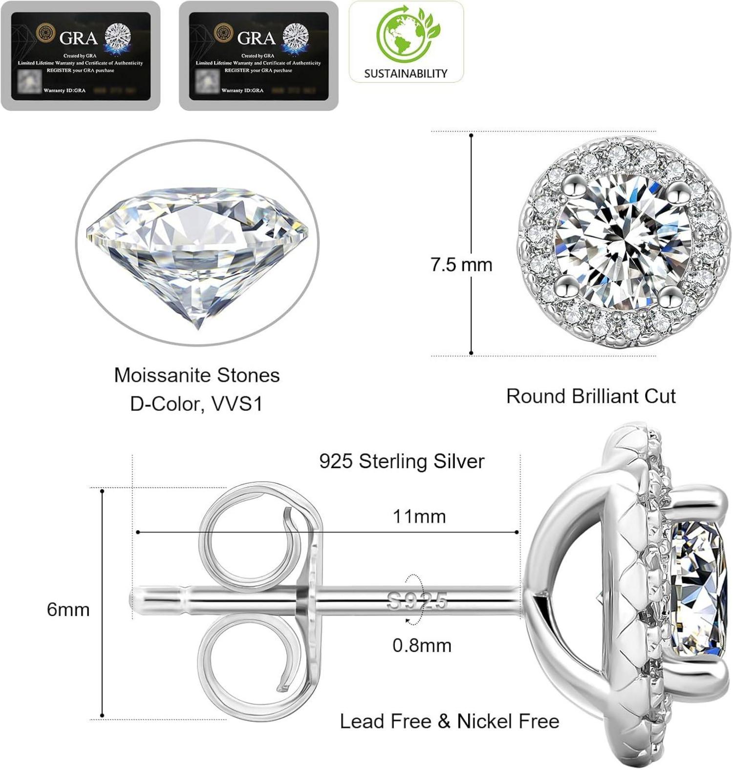 Damen Moissanite Ohrringe 925 Silber Weißgold vergoldet 1,0 Karat runde Halo