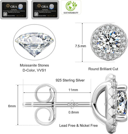 Damen Moissanite Ohrringe 925 Silber Weißgold vergoldet 1,0 Karat runde Halo