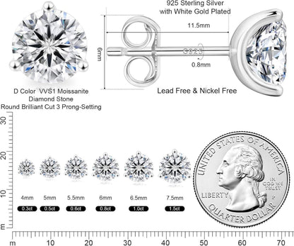 Moissanite Ohrringe Silber 925 Damen VVS1 D 4,0mm 0,6ctw 0,30ct 3-Krappen