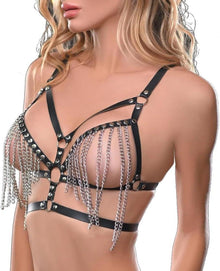 Damen Punk Leder Body Harness Brustgurt Quaste BH Gothic