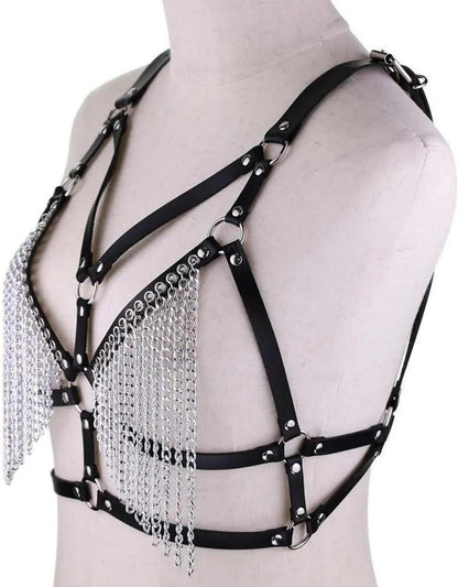 Damen Harness Body Kette Punk Leder Brustgurt Quaste BH Einstellbar Gothic