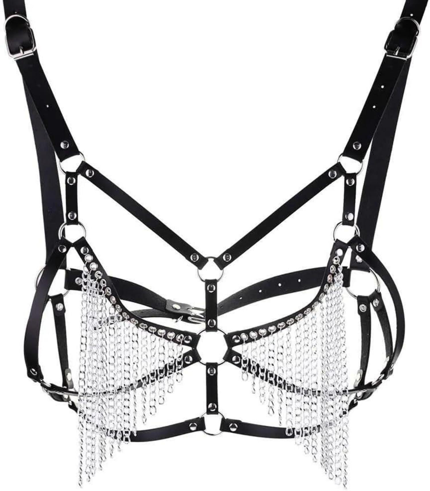Damen Harness Body Kette Punk Leder Brustgurt Quaste BH Einstellbar Gothic