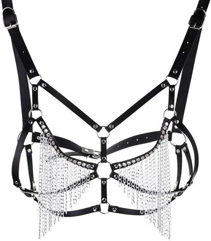 Damen Harness Body Kette Punk Leder Brustgurt Quaste BH Einstellbar Gothic