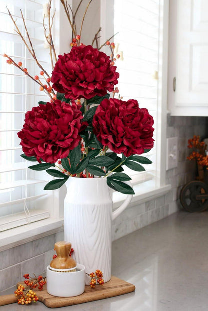 3er Set 74cm Künstliche Pfingstrosen Stiel Kunstblumen in Dunkelrot