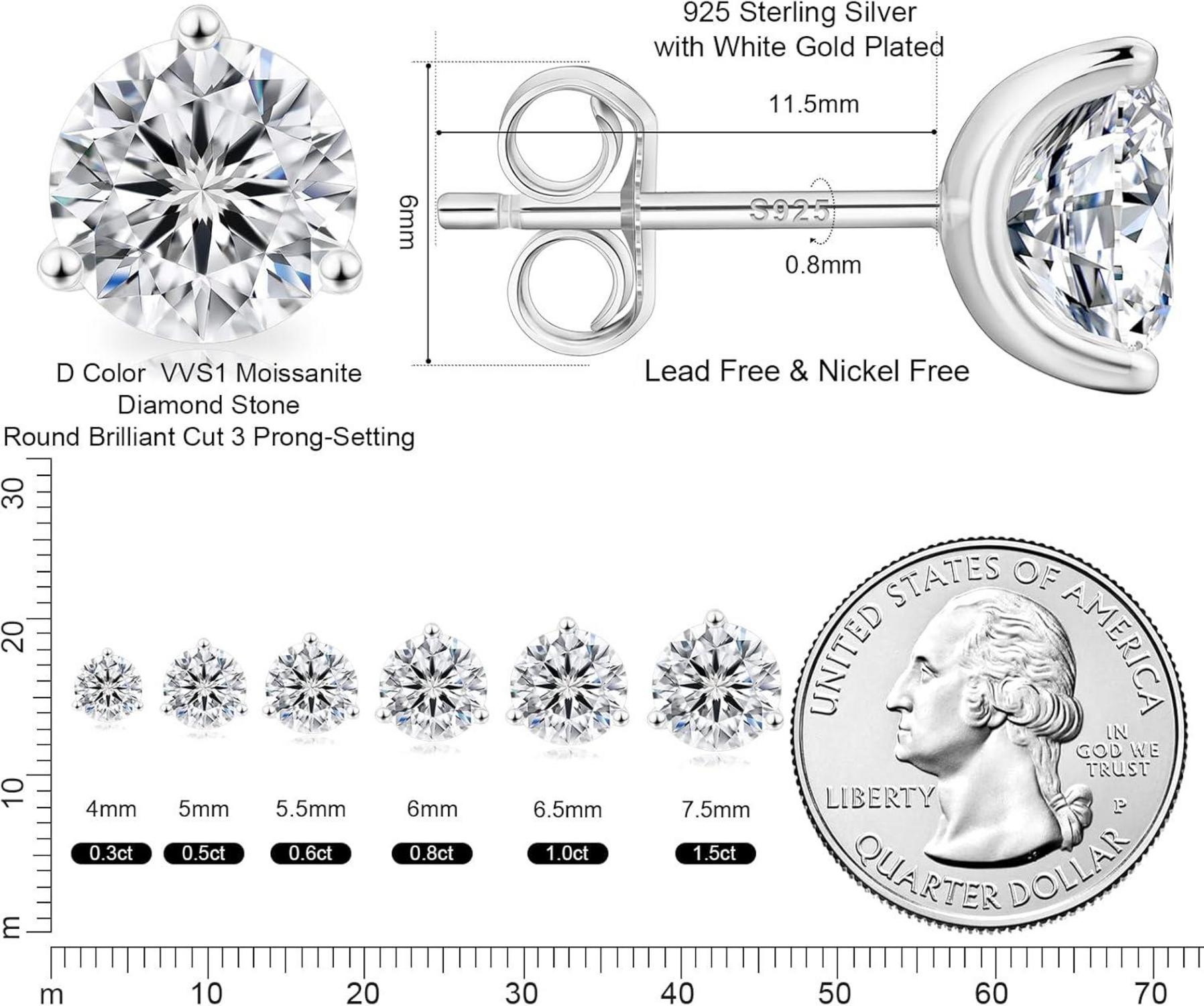 Moissanite Ohrringe Silber 925 Damen 2,0 Karat Diamant Ohrstecker VVS1 D Farbe 6,5 mm