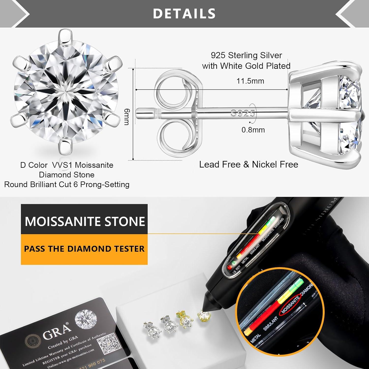 KRKC&CO Moissanite Ohrringe 925 Silber Damen VVS1 Diamant 5,0 mm 1,0