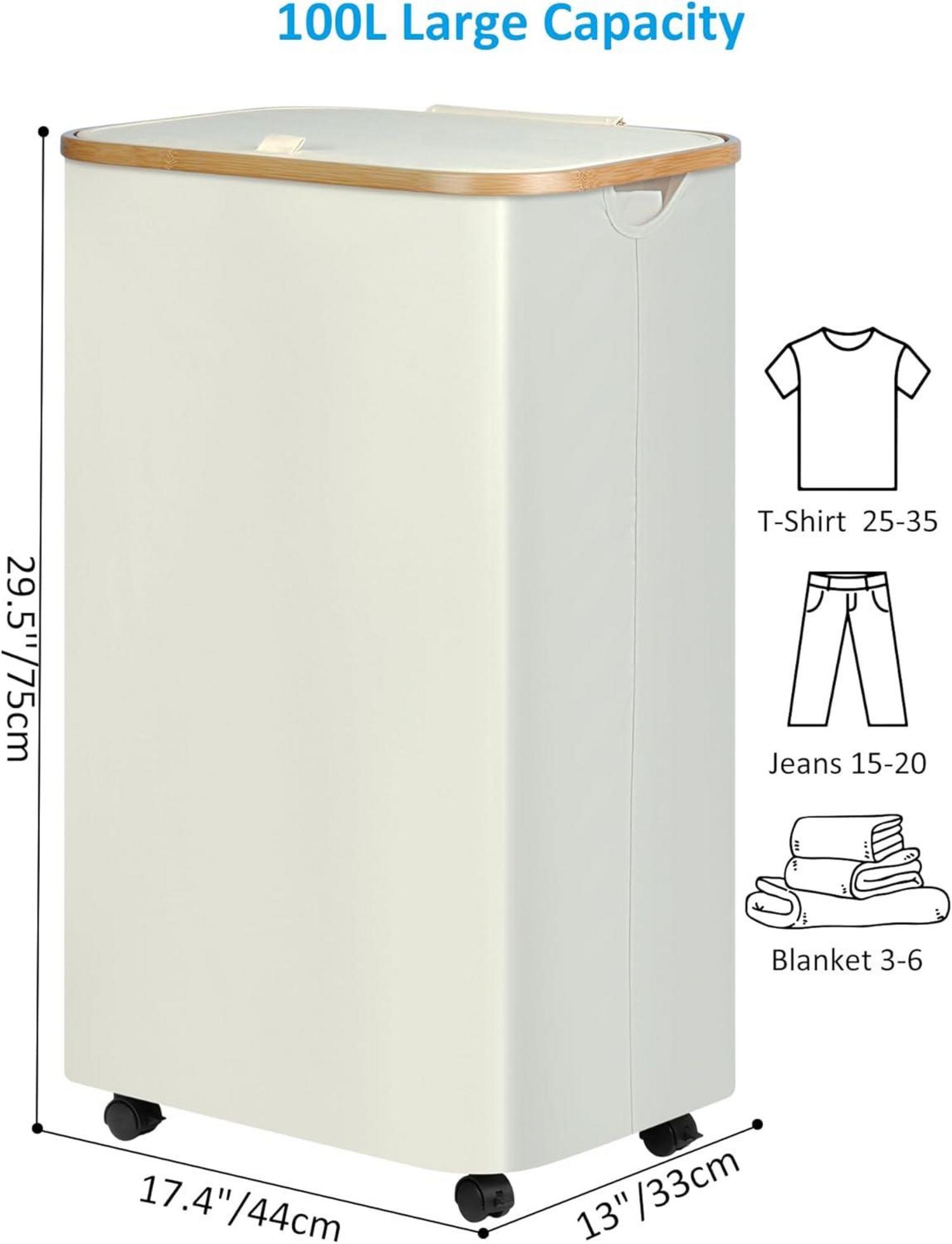 XL Wäschekorb mit Rollen und Deckel 100L - Beige Bambus-Look