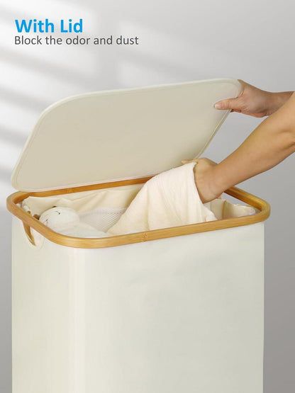 Efluky XL Wäschekorb mit Rollen und Deckel 100L Bambus Beige
