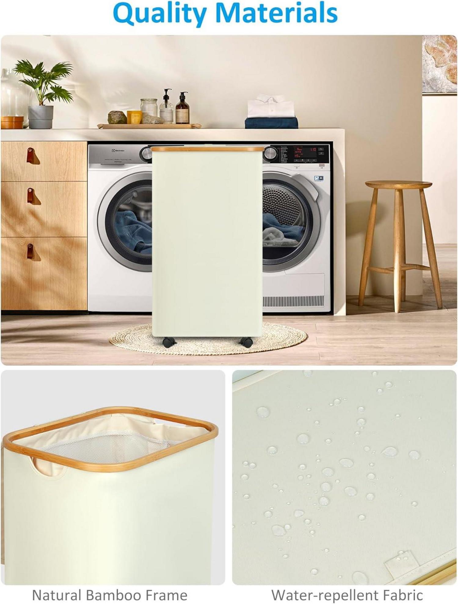 Wäschekorb mit Rollen 100L XL Bambus Deckel Innentasche Beige