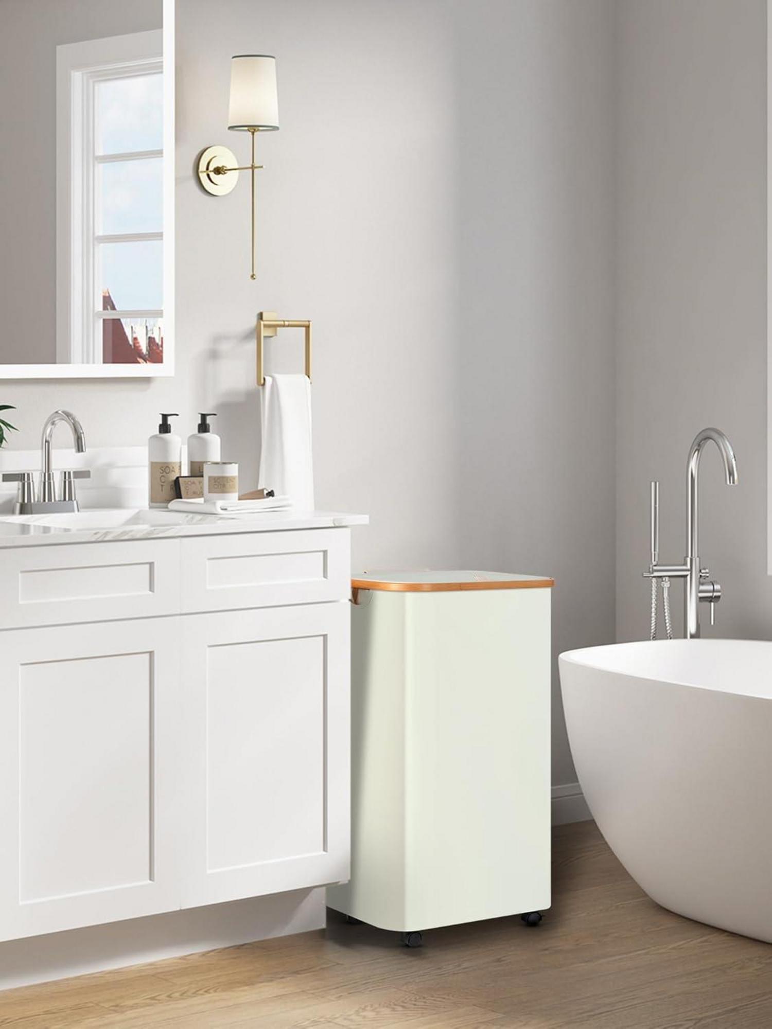 Wäschekorb XL 100L Bambus Rollen Deckel Herausnehmbar Waschbar Beige