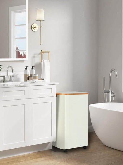 Wäschekorb XL 100L Bambus Rollen Deckel Herausnehmbar Waschbar Beige