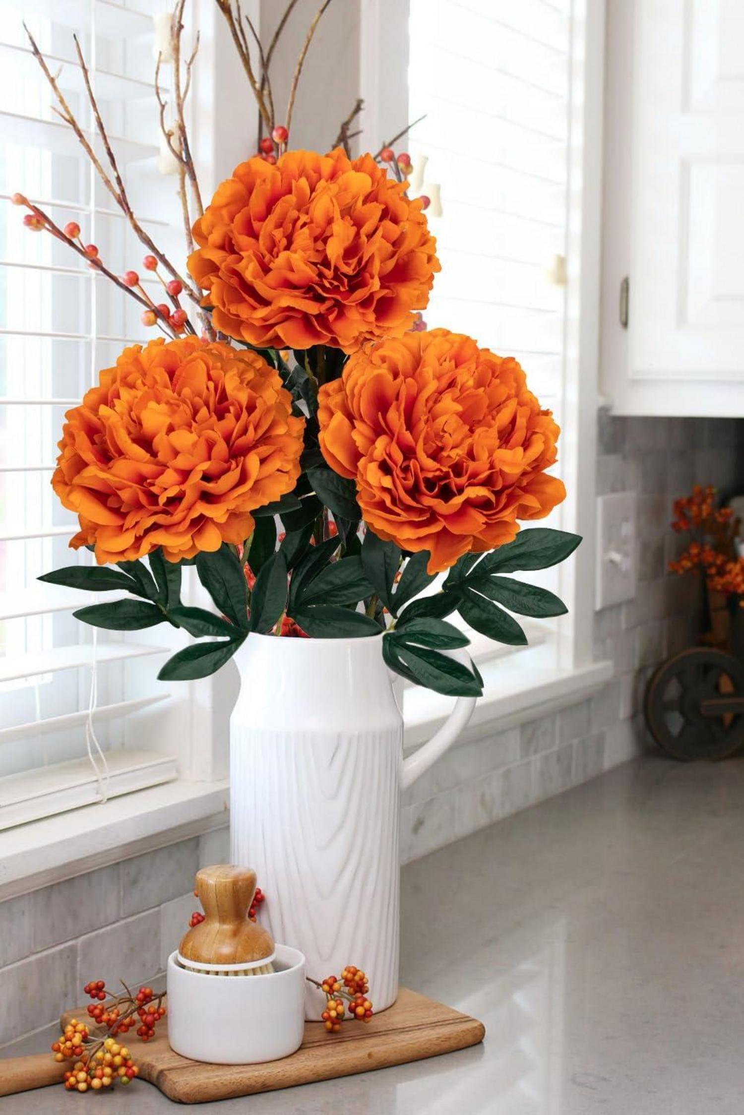 3PCS Künstliche Pfingstrosen Stiel Kunstblumen Orange Rosen Bouquet