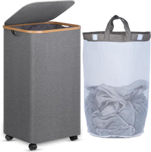 Wäschekorb mit Rollen XL 100L Deckel Bambus Grau Innentasche