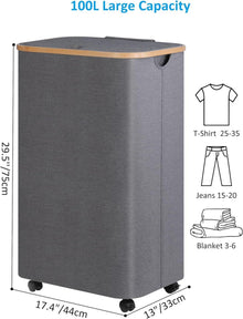 Wäschekorb mit Rollen XL 100L Bambus Grau