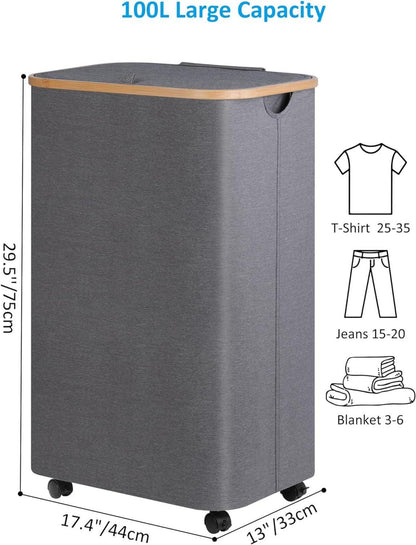 Wäschekorb mit Rollen XL 100L Bambus Grau