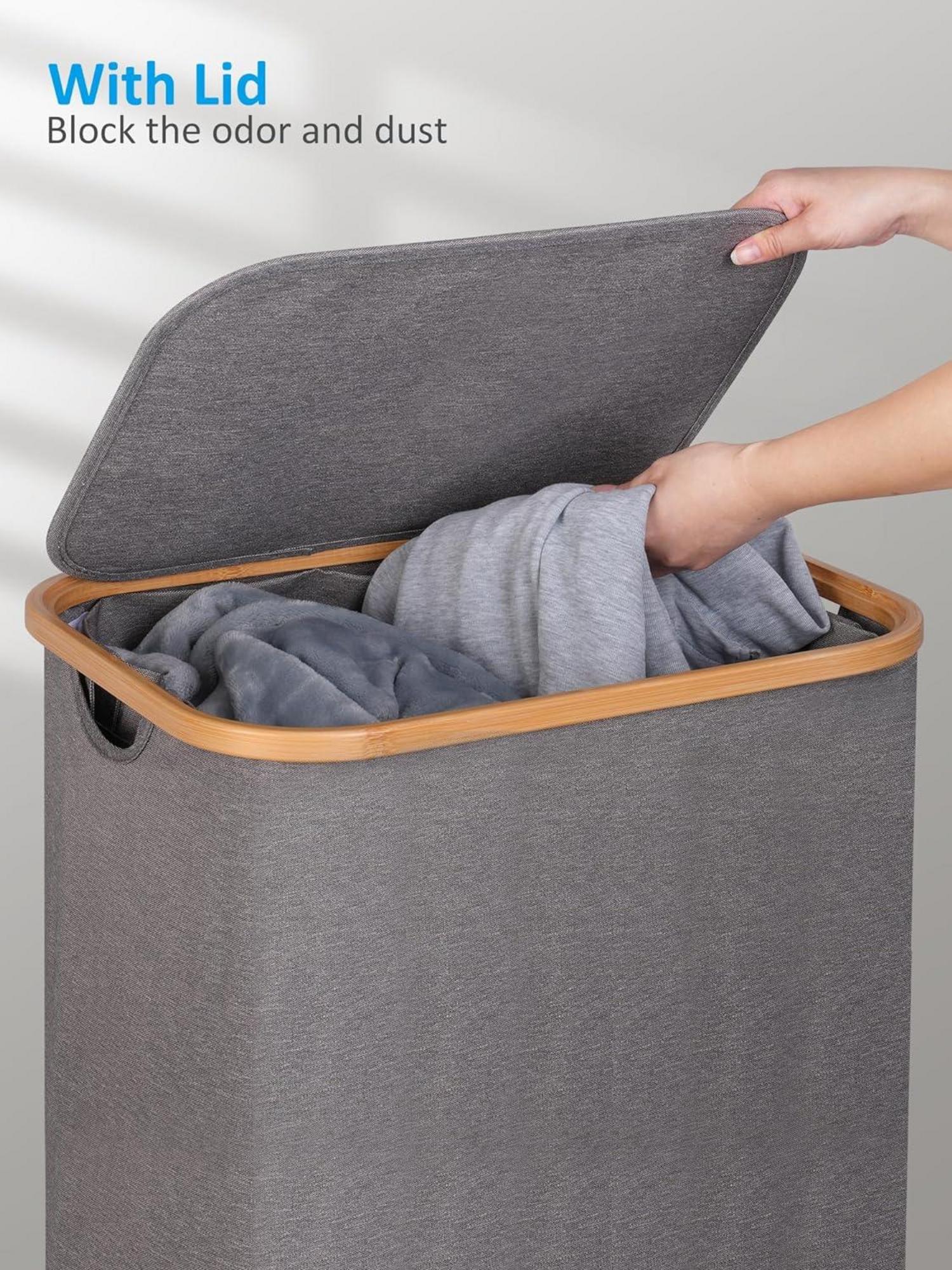 Wäschekorb mit Rollen und Deckel aus Bambus 100L Grau