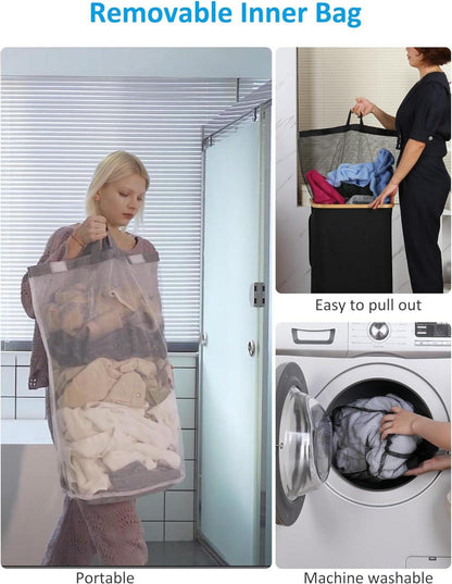 XL Wäschekorb 100L mit Rollen Deckel Herausnehmbarer Innentasche Bambus Grau