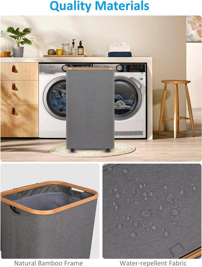 Wäschekorb XL mit Rollen und Deckel, 100L, Grau Bambus Waschkorb