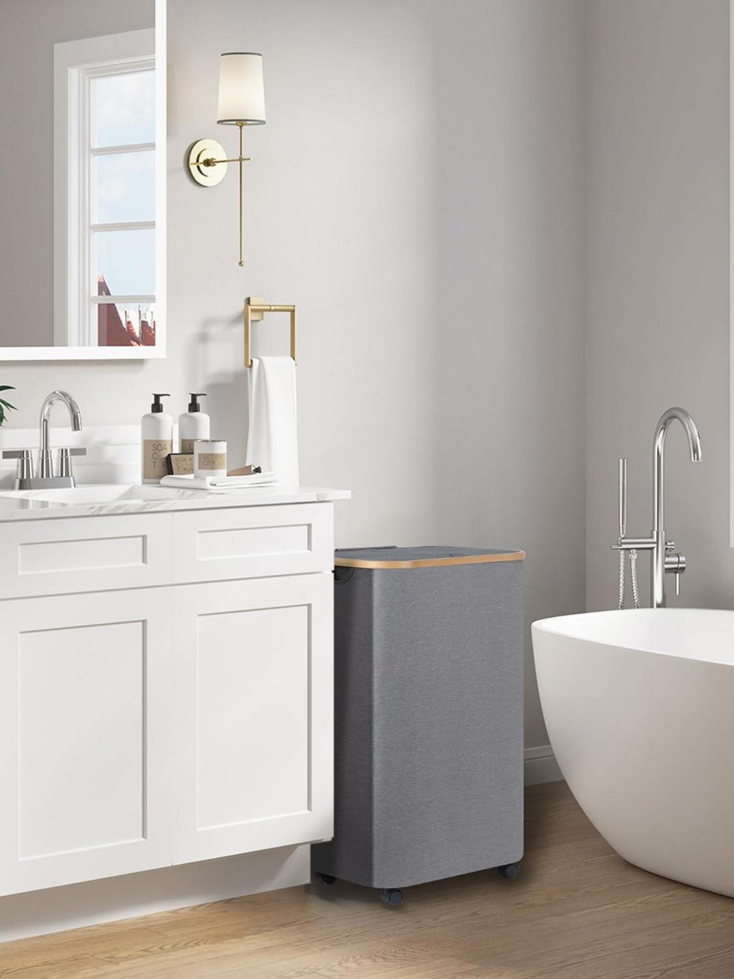 XL Wäschekorb 100L mit Rollen Deckel Herausnehmbarer Innentasche Bambus Grau