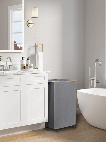 XL Wäschekorb 100L mit Rollen Deckel Herausnehmbarer Innentasche Bambus Grau