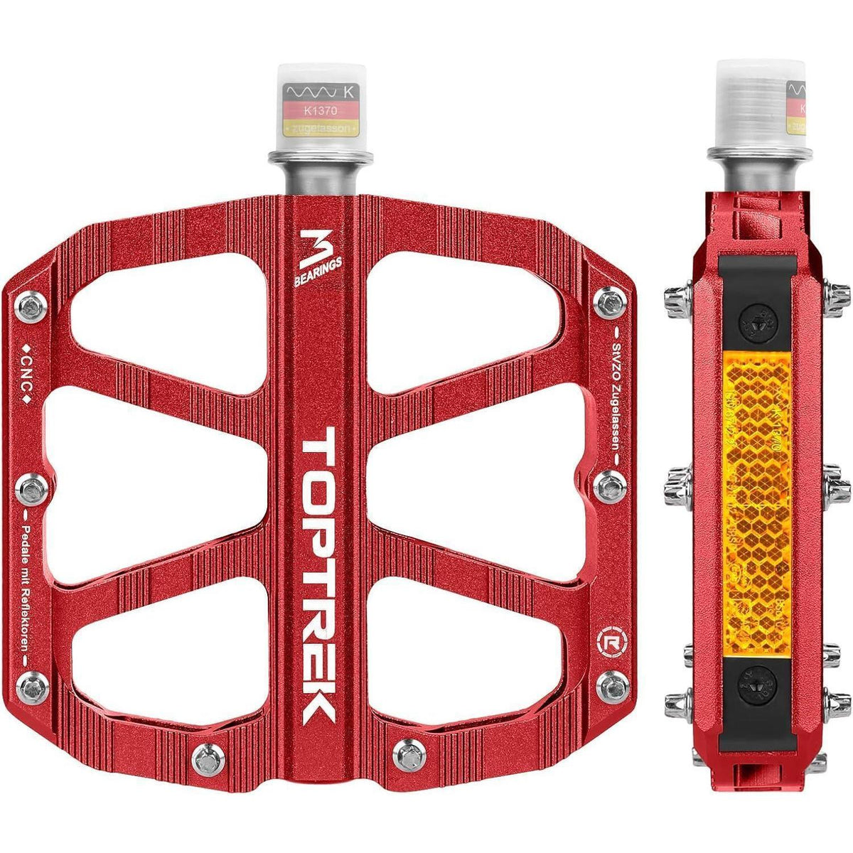Fahrradpedale mit StVZO Reflektoren, CNC Aluminium, rutschfest, 3 Lager, Rot