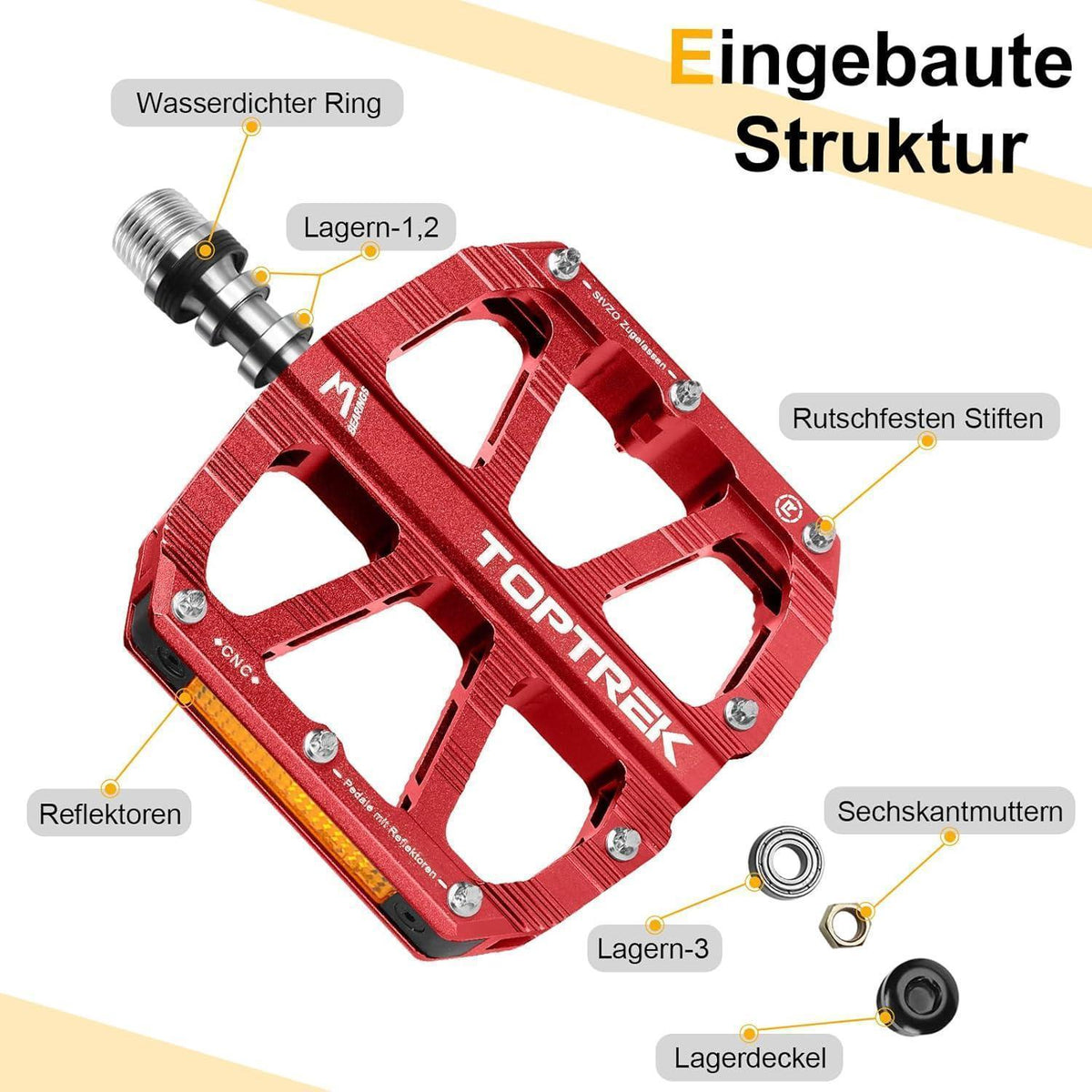 Fahrradpedale mit StVZO Reflektoren, CNC Aluminium, rutschfest, 3 Lager, Rot