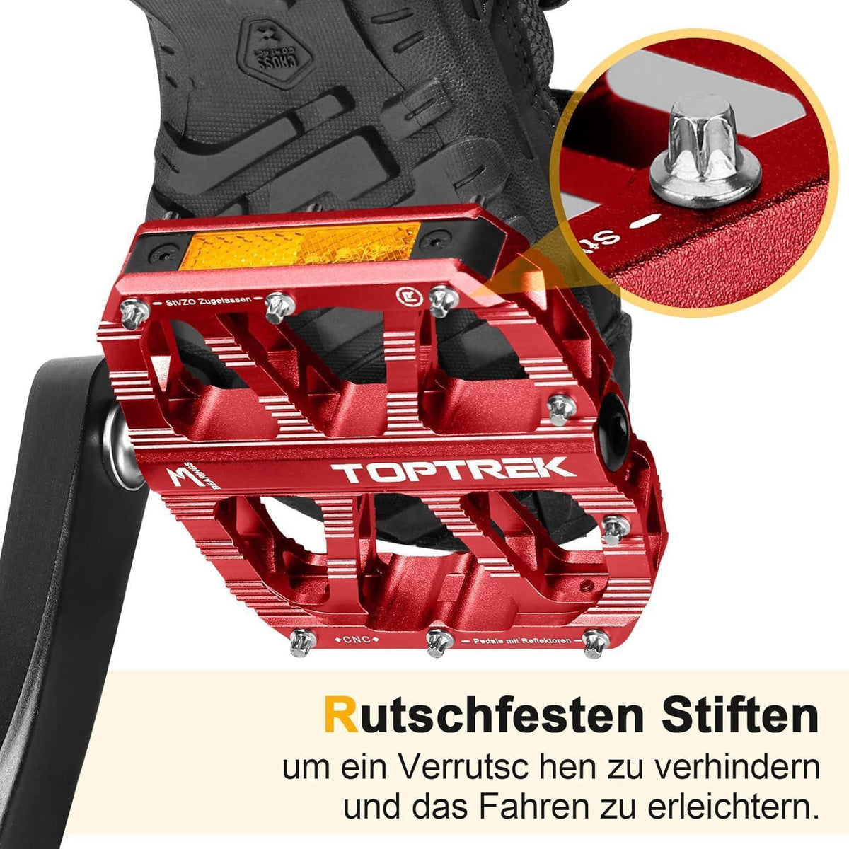 Fahrradpedale mit StVZO Reflektoren, CNC Aluminium, rutschfest, 3 Lager, Rot