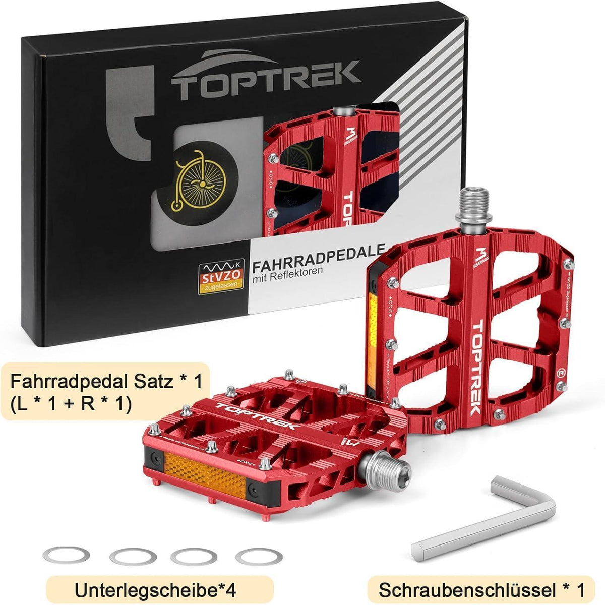 Fahrradpedale mit StVZO Reflektoren, CNC Aluminium, rutschfest, 3 Lager, Rot