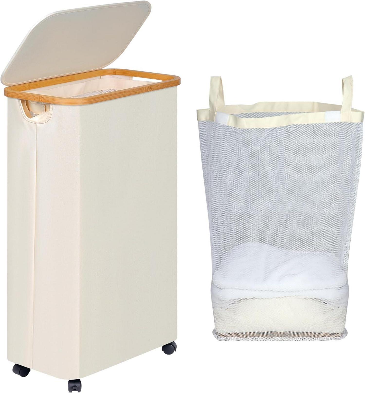Wäschekorb mit Rollen und Deckel 75L Beige Bambusgriffe, abnehmbarer