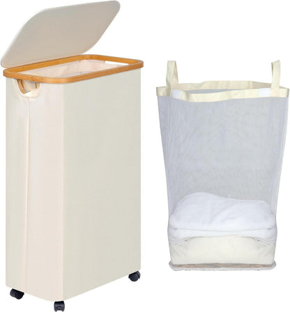 Wäschekorb mit Rollen und Deckel 75L Beige Bambusgriffe, abnehmbarer