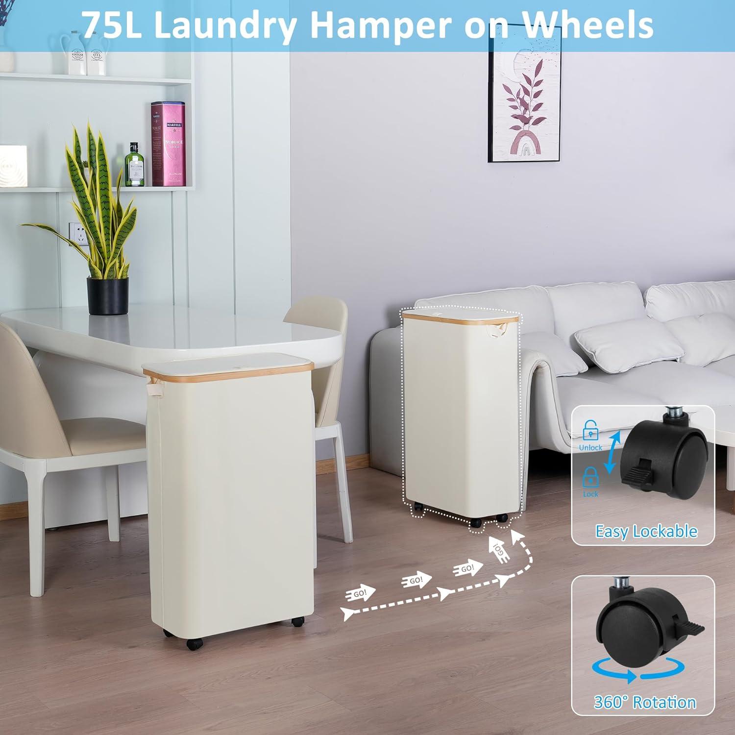 Wäschekorb mit Rollen 75L Faltbar Beige mit Deckel